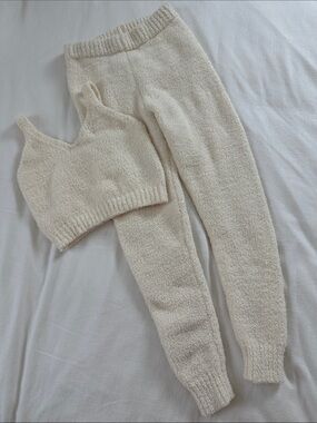 SHEIN Fuzzy Cream Knit Lounge Set Cream Women's Size S New 2 Piece Set
